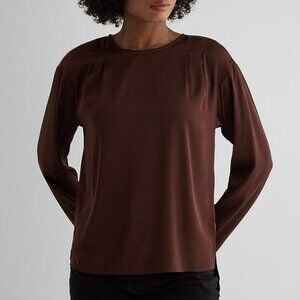 Express Womens Satin Long Sleeve Pleated Gramercy Tee Rich Mocha Size XS NWT $54